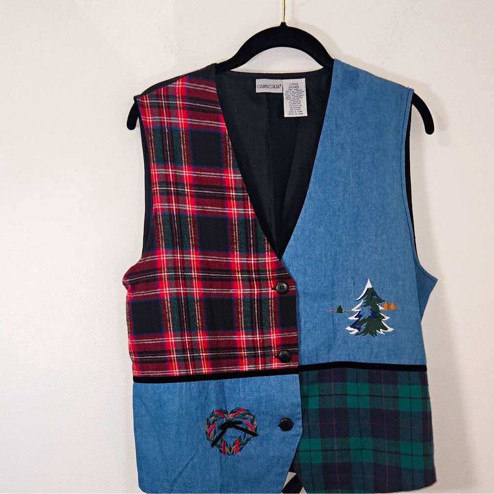 Vintage Patchwork plaid and chambray embroidered Lined Button Holiday Vest Large
